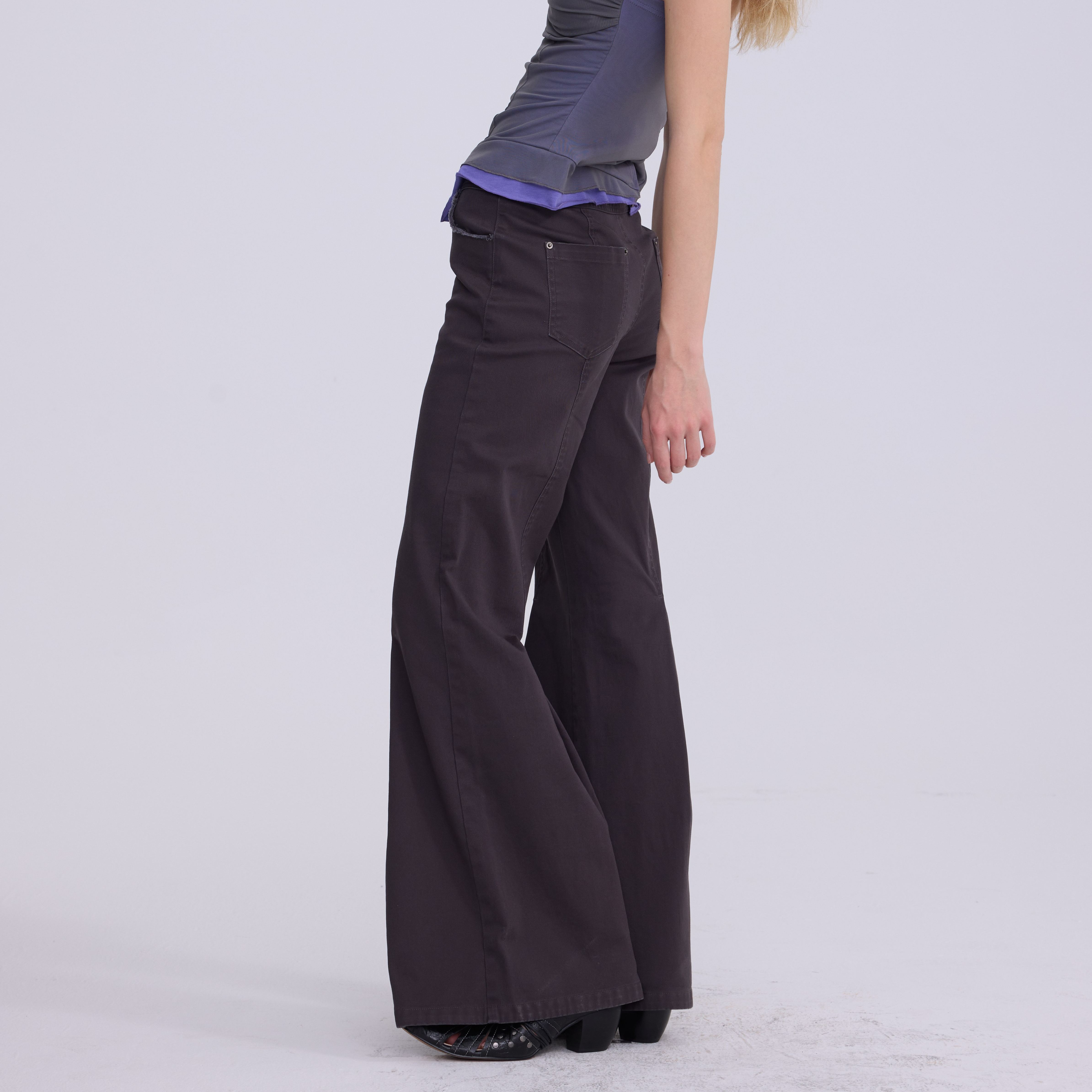 SHAKEITSHAKE 春季深灰色复古洗水做旧四合扣腰头高腰阔腿喇叭裤,淘宝优惠券,粉丝福利购,淘宝优惠卷