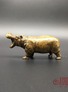 极速实心黄铜小河马摆件 全铜仿古工艺张大嘴河马铜河马把件铜器