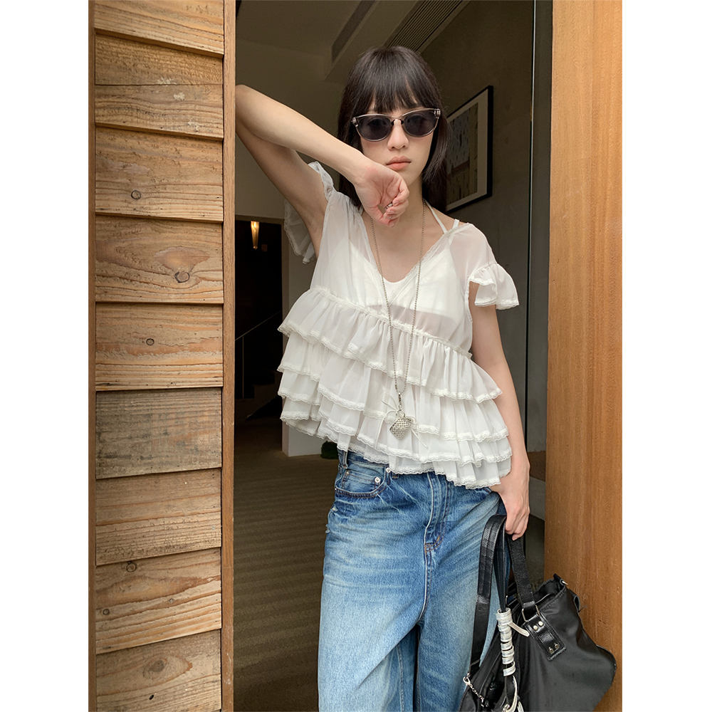 of32 official设计感小众上衣女夏薄款宽松显瘦慵懒风短袖白衬衫 - 图0