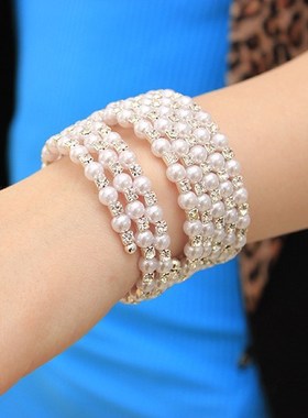 复古古典三层水钻珍珠手链 Lolita多层弹力手链手饰