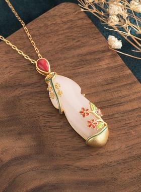 旗袍项链和田玉吊坠中国风女玉石配饰珐琅复古宫廷金镶玉旗开得胜