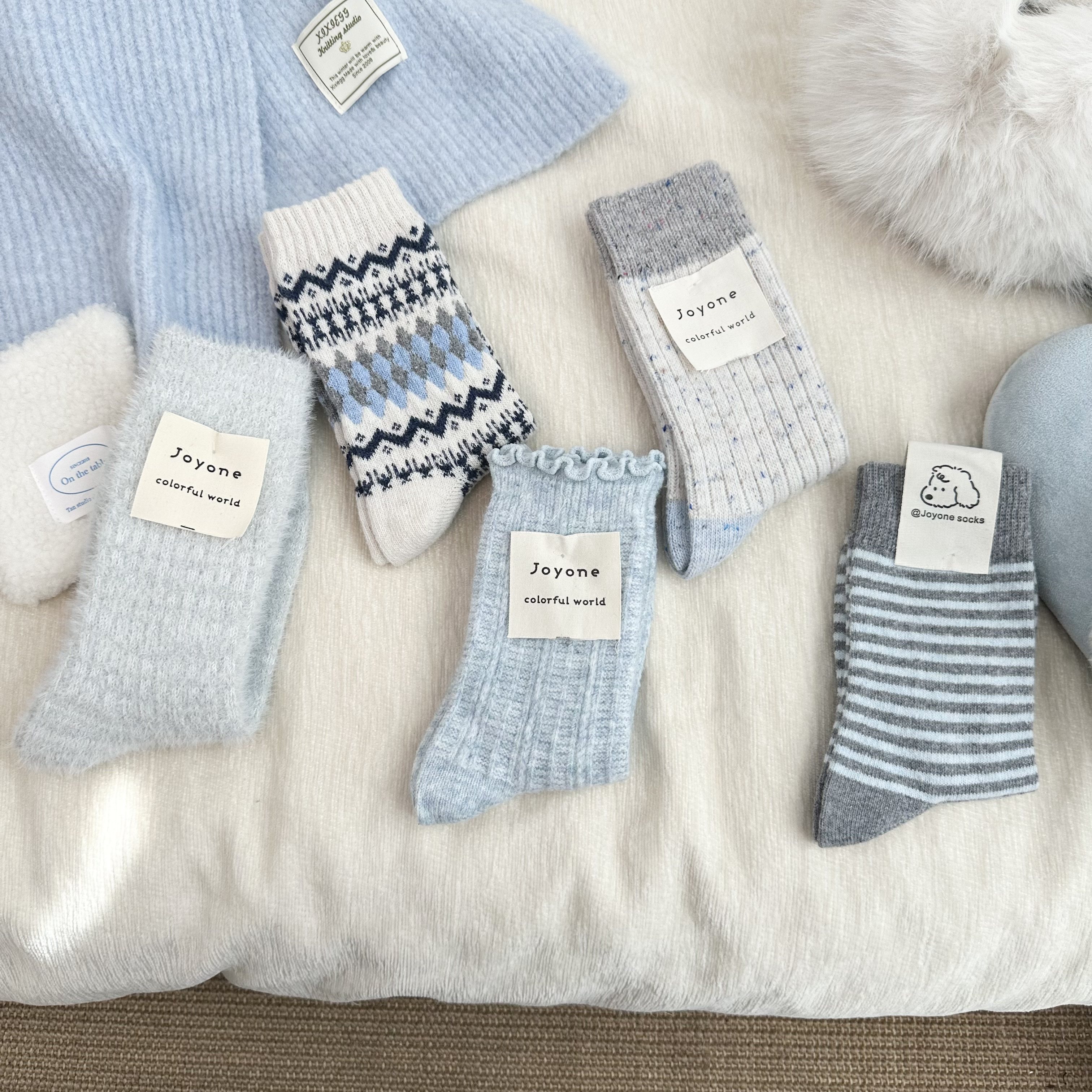 蓝莓冰朗姆羊毛袜子女中筒袜秋冬季加厚保暖甜美点子纱堆堆袜日系