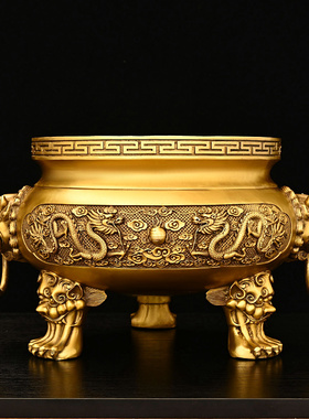 热销纯铜双龙香炉大号摆件家居寺庙佛堂用品三足圆底鼎中式装饰工