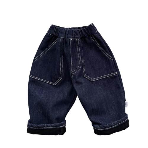 不褪色冬季男女童加绒牛仔裤洋气宝宝百搭加厚保暖防风休闲长裤子 - 图3