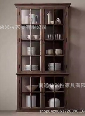 美国RH法式乡村复古展示柜陈列柜实木橡木玻璃双门书柜高端餐边柜