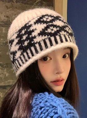 白色菱形格毛线针织帽女秋冬