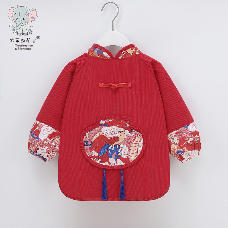 Children's Chinese-style smocks for autumn and winter, anti-dirty waterproof bibs, rice skirts for men and women, baby New Year's greeting clothes for eating in autumn and winter