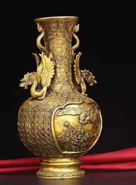 纯铜龙凤花瓶摆件一对双龙耳松鹤凤凰瓶家居玄关酒柜办公室装饰品