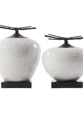 新中式样板间酒店客厅玄关创意金属陶瓷冰裂釉装饰罐摆件软装饰品