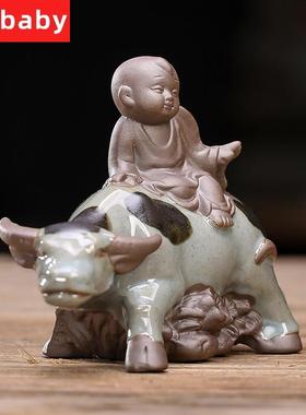 创意田园古风陶瓷牧童骑牛童子小摆件人物花宠植物盆造景桌面摆设