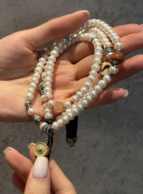 S925银珍珠九眼珠蜜蜡冰飘南红六字真言抽拉项链 N18233