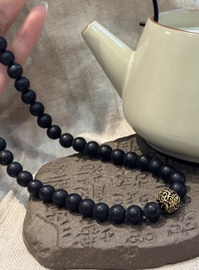 S925银磨砂黑玛瑙唐草纹扣珠项链时尚日常简约设计高级 N17369