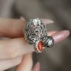 Pure Silver Nanhong Five Blessings Bat Chinese Knot Ingot Swallowing Rice Beast Ring Retro Baidu National Style J14009