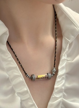 S925银黄财神心咒圆柱吊坠抽绳项链 N18610