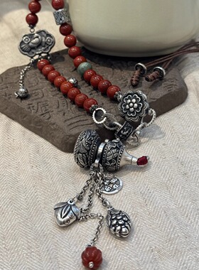S925银红玛瑙圆珠小鸟如意锁八仙葫芦抽拉项链 N17518