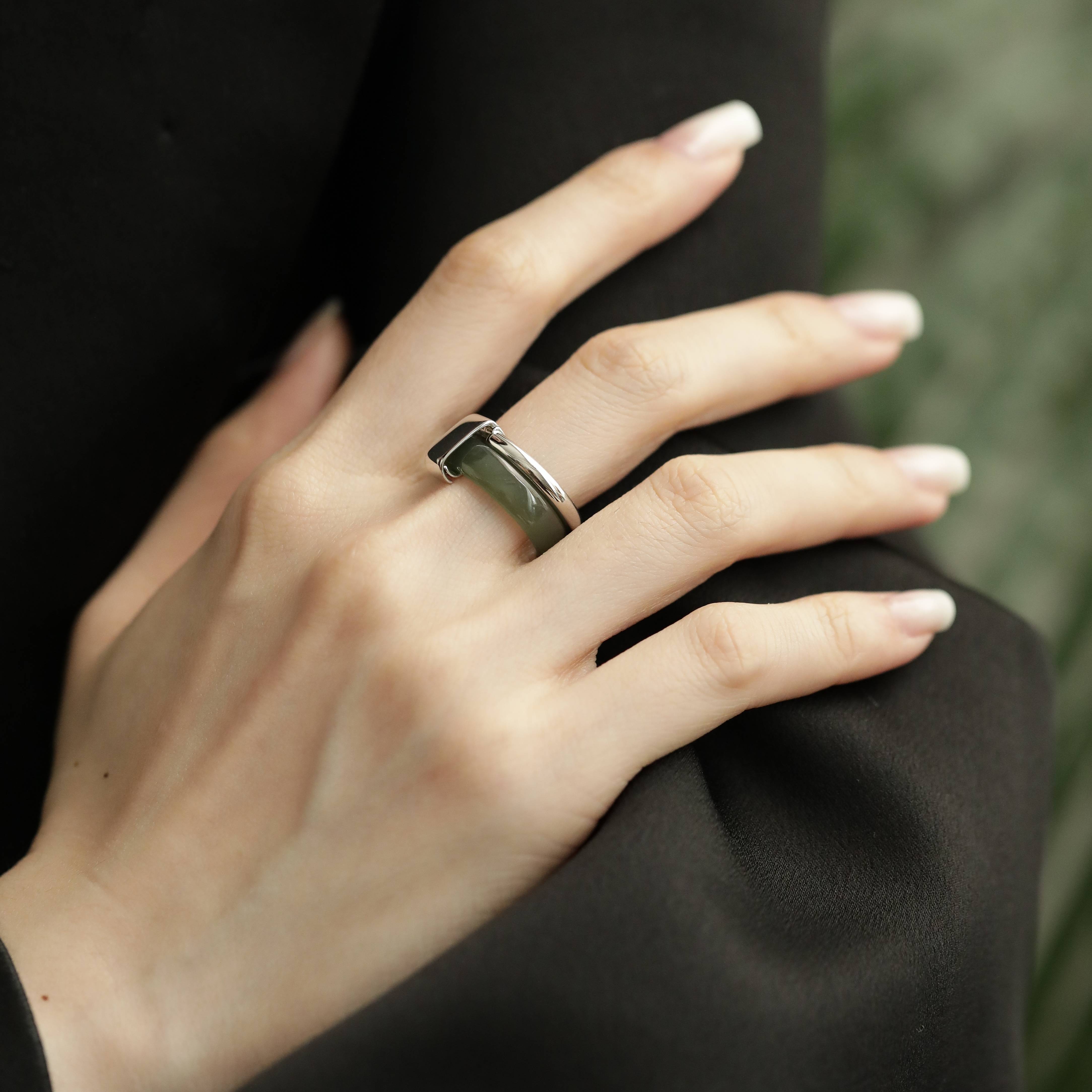 Hotan jade ring silver ring double layer detachable and stackable S925 silver ring closed fashion versatile J13851