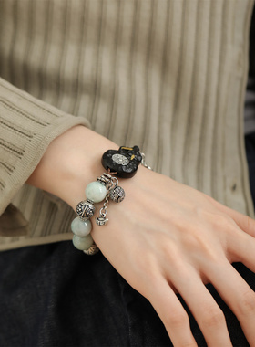 S925银翡翠圆珠如意锁黑檀木山鬼牌葫芦手链新中式国风 S09349