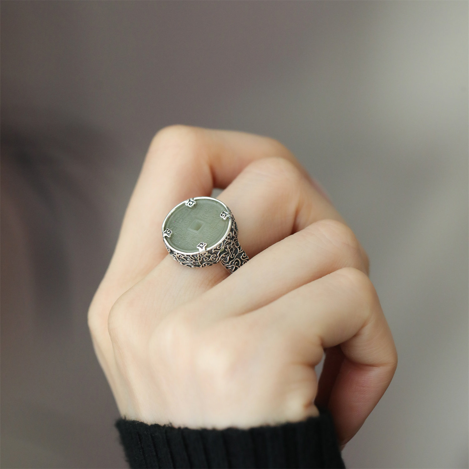S925 Silver Hotan Jade Mountain Ghost Xiangyun Old Ring 14-16# Wearable New Chinese Style J12711