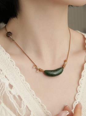 和田玉碧玉肌理牛角弯管乌木银线隔珠项链复古百搭民族风 N18877