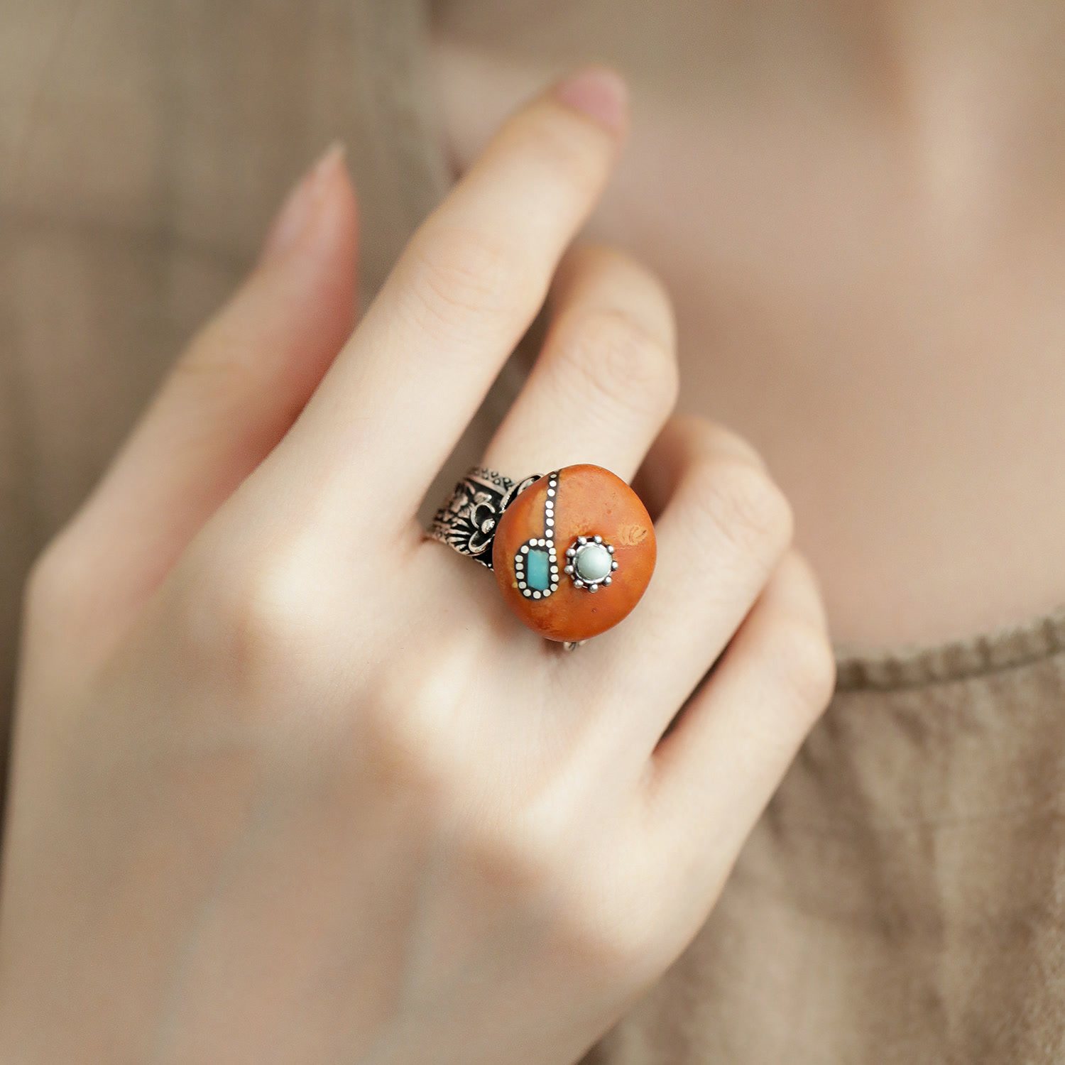 New s925 silver beeswax peony flower old ring handmade retro versatile ethnic style new Chinese style J13723