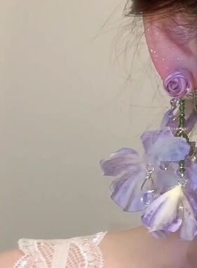 超仙法式紫色玫瑰花朵耳环复古