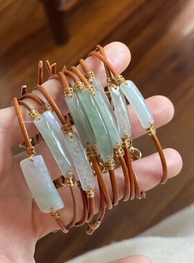 新中式仿和田玉白钰棕色牛皮绳