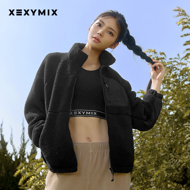 xexymix杰克茜女短款拼接口袋仿羊羔绒外套秋冬保暖韩版XTFJK05J3,淘宝优惠券,粉丝福利购,淘宝优惠卷