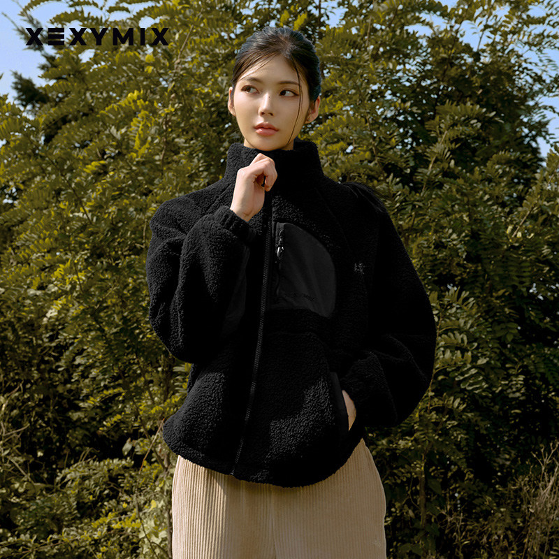 xexymix杰克茜女短款拼接口袋仿羊羔绒外套秋冬保暖韩版XTFJK05J3,淘宝优惠券,粉丝福利购,淘宝优惠卷