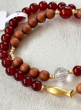 【山月黄昏】原创男女款手工红玛瑙檀木手串国风新中式串珠手链