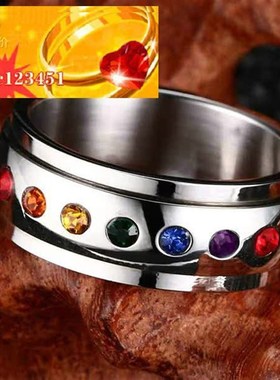 钛钢彩虹转动戒指镶彩色钻石戒指微镶女戒指不锈钢戒指ring