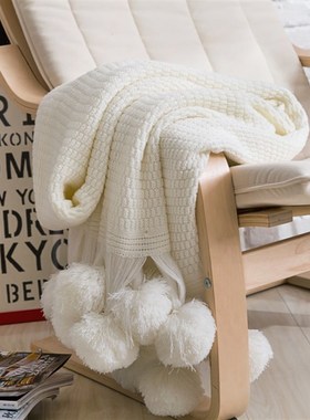 样板房白色搭巾针织床搭毯沙发毯纯色可爱毛球儿童女孩房摄影道具