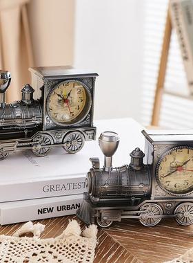 美式火车模型摆件客厅卧室床头闹钟复古学生桌面时钟儿童生日礼物