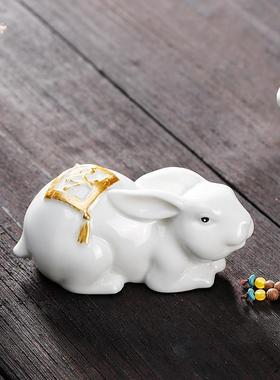 十二生肖兔摆件可爱小白兔玉兔家居桌面装饰品陶瓷兔子兔年吉祥物