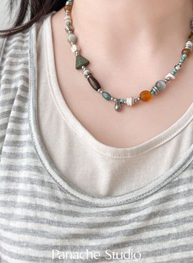 PANACHE 小众复古天然石琉璃串珠项链 新中式个性气质韩系锁骨链