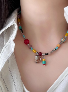 PANACHE 彩色可爱陶瓷小猫手作串珠项链小众设计多巴胺氛围锁骨链