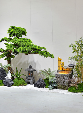 仿真迎客松流水假山绿植造景摆件