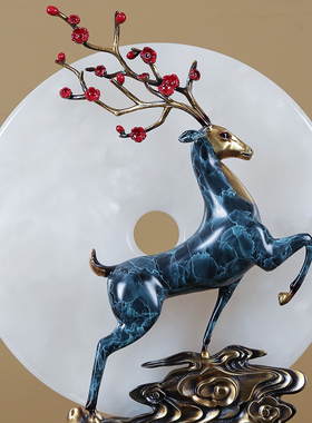 黄铜鹿平安扣玉石新中式摆件客厅玄关书房电视柜装饰乔迁送礼摆设