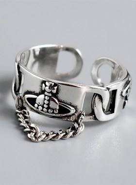 复古个性纯银戒指女时尚设计潮流链条百搭麻花开口戒指闺蜜礼物