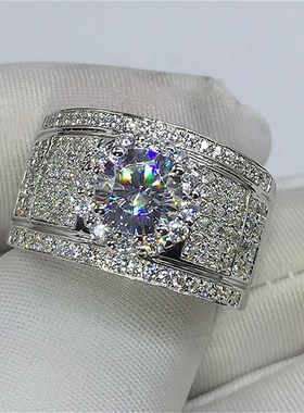 wish个性羣镶微镶满钻锆石满钻大戒指男士奢华满臂镶土豪男人钻戒