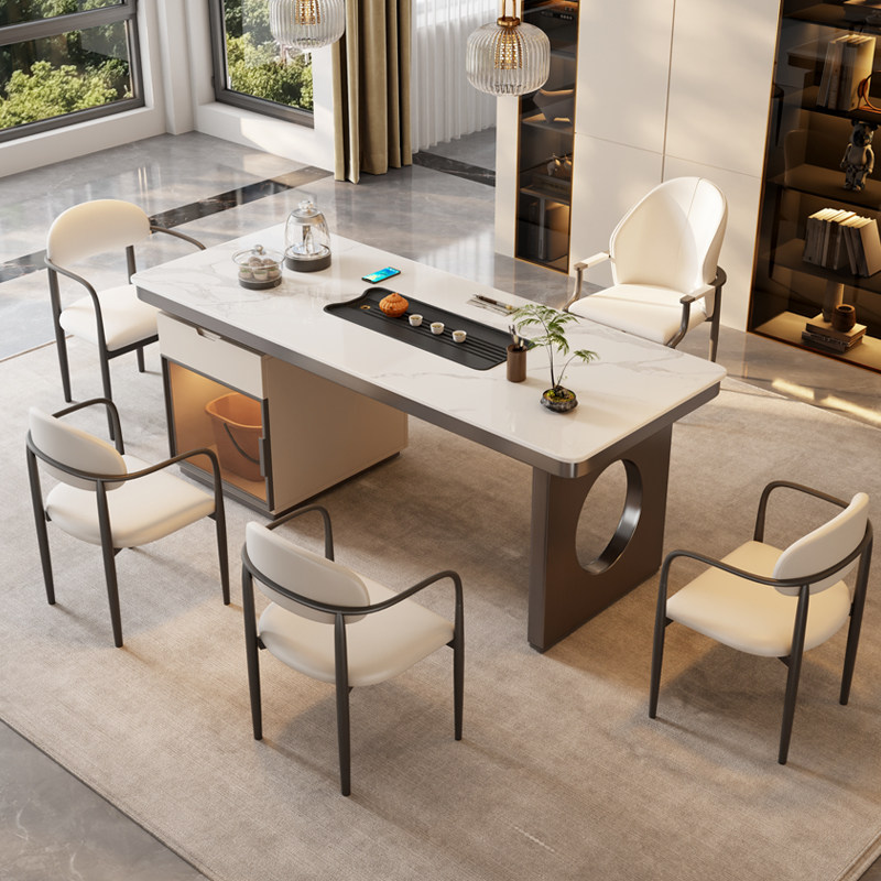 岩板茶桌一桌五椅组合轻奢现代高级感烧水壶一体嵌入式茶台家用,淘宝优惠券,粉丝福利购,淘宝优惠卷