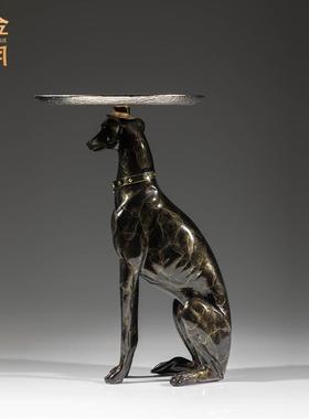 铜金岁月灵缇犬托盘落地摆件大黑狗黄铜工艺品生肖狗犬彩铜器装饰