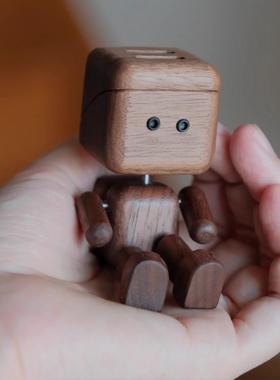 可爱实木甩腿机器人汽车吹风口车载香薰摆件木质桌面摆件柜子饰品