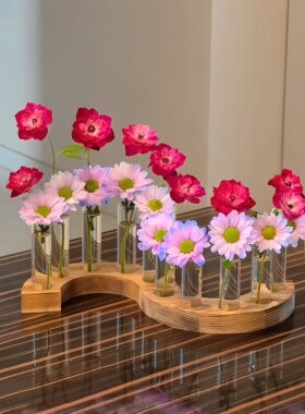 折叠试管插花瓶创意弧形木制底座