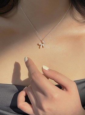 镀925银项链女素银气球狗吊坠母贝珍珠小众锁骨链韩国网红