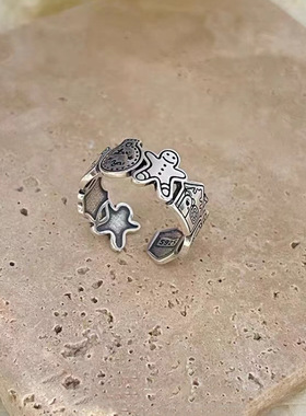 925镀银涂鸦姜饼人开口戒指女小众设计感时尚复古个性