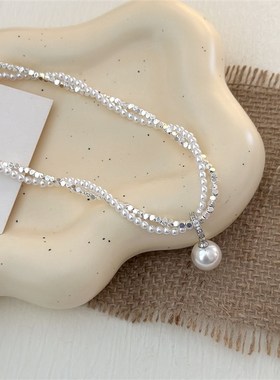 轻奢小众设计感高级碎银子珍珠麻花双层项链女 轻奢双层锁骨链