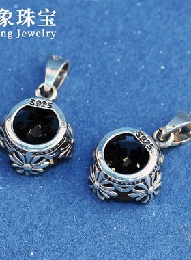 个性镶嵌黑锆石吊坠s925银泰银复古克罗芯十字架圆形锁骨链挂件