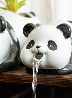 生态缸古法养鱼鱼缸循环水过滤容器造景流水陶瓷罐摆件熊猫出水口
