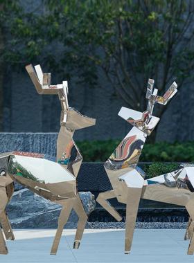 户不锈钢镜面鹿雕塑金属几何切丝梅花鹿装饰外公面园林景拉BXG-89