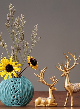中式鹿摆件家居装饰品客厅玄关酒柜陶瓷工艺品花瓶乾燥花电视柜礼